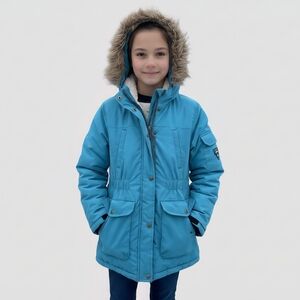 London Fog Girls' Blue Winter Parka Cozy Size 12 Faux Fur Hood Winter Coat Ski